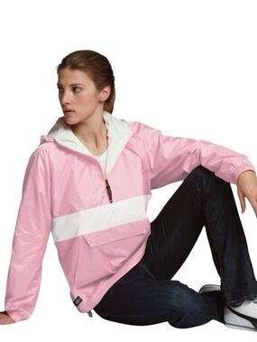 Charles River Apparel Pink White Hooded Rain Anorak jacket front pocket lined xs